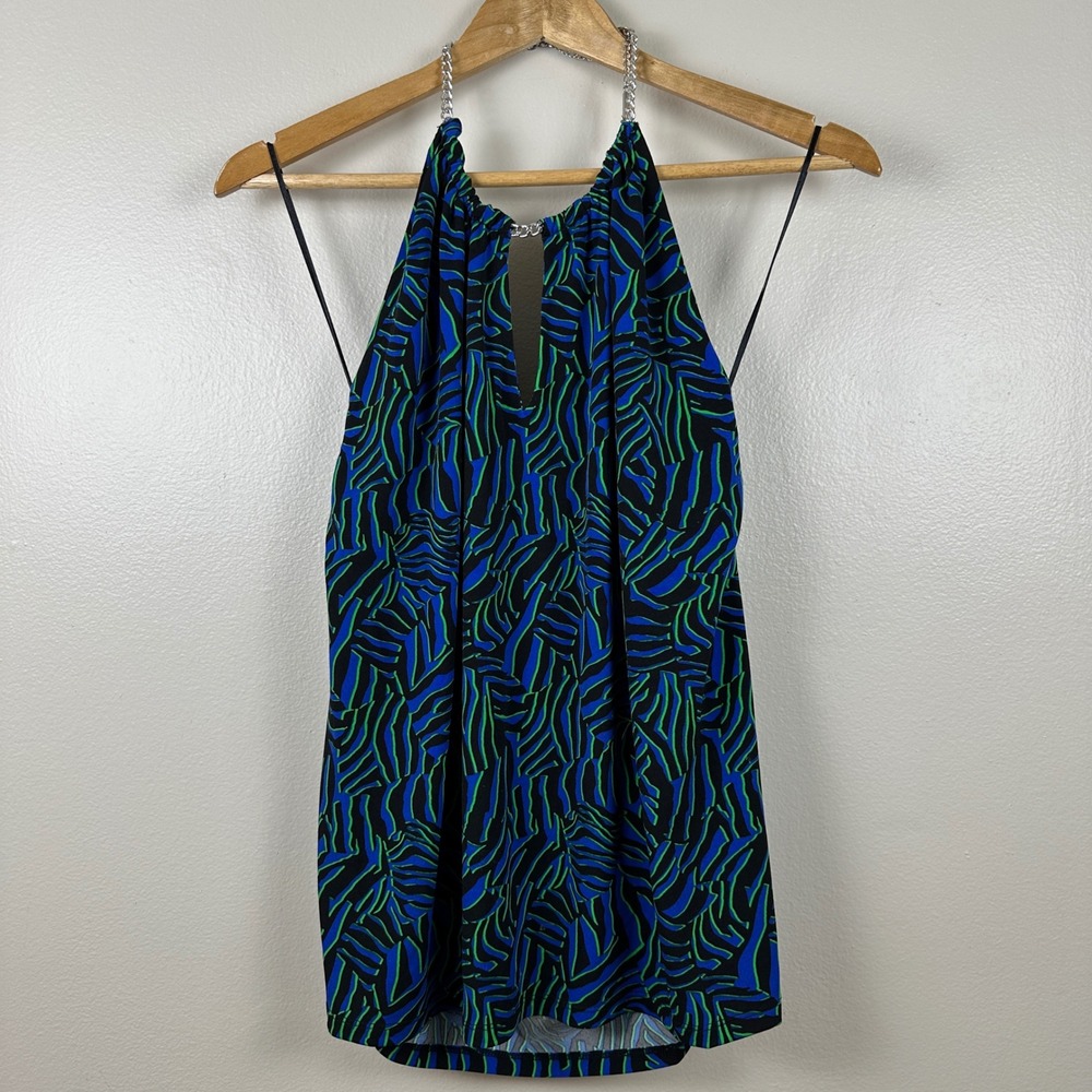Michael Kors Women's L Halter Top Royal Blue Green Chain Neck Keyhole‎ NEW